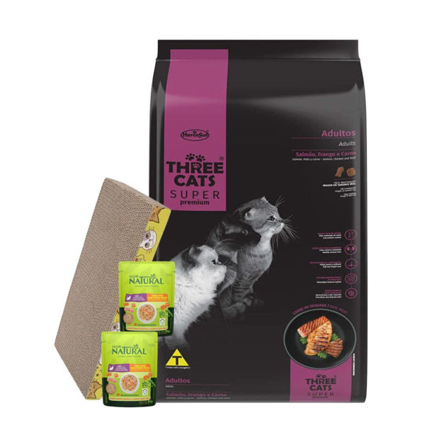 Imagen de Alimento THREE CATS Super Premium Gato Adulto Mix Pollo, Carne y Salmón 15 kg + Regalo