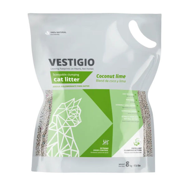 Imagen de Arena Sanitaria Aglomerante VESTIGIO Gato Aroma Lima y Coco 8 kg / con avería