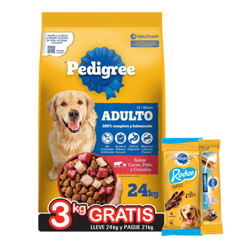Imagen de Alimento PEDIGREE Perro Adulto Carne, Pollo y Cereales 21 kg + 3 kg + Regalo