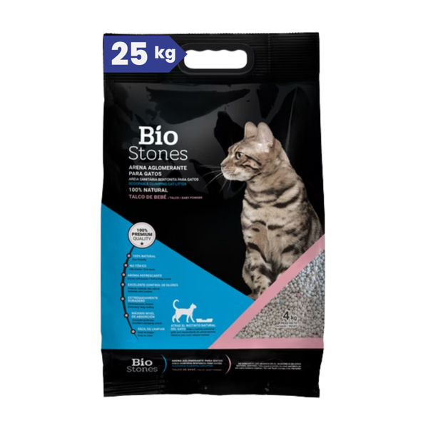 Imagen de Arena Sanitaria BIO STONES Aglomerante Esferas Aroma Talco De Bebé 24+1 Kg